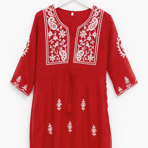 Women's Red Chikankuri Kurti
