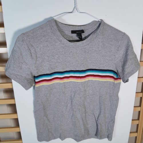 Forever 21 Rainbow Striped Grey Short Sleeve Tee