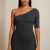 Crinkled Black One Shoulder Fitted Dress /BodyCon XS Size